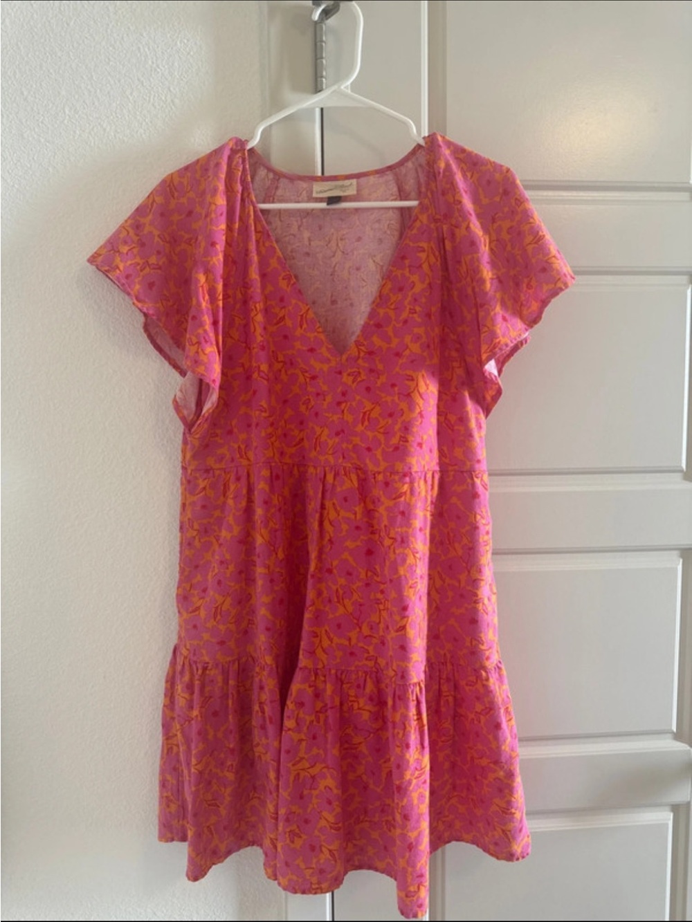 Pink and Orange Floral V-Neck Dress